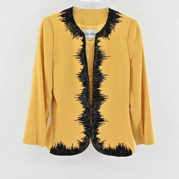 Vtg Nolan Miller Wool Beaded Jacket Tank Set Size 8 Yellow Retro Glam Hong Kong - Picture 2 of 16
